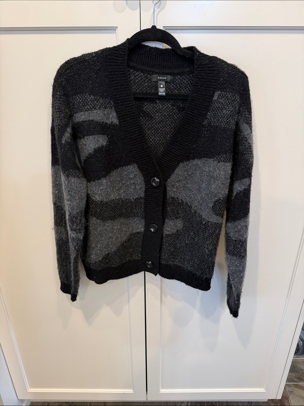 Aqua Black & Gray Camouflage-Pattern Button Cardigan
